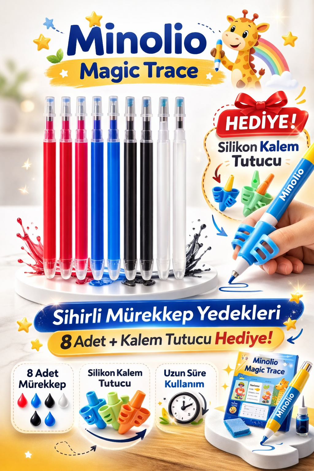 Minolio Magic Trace Sihirli Mürekkep Yedekleri – 8 Adet Kartuş + Silikon Kalem Tutucu Hediyeli