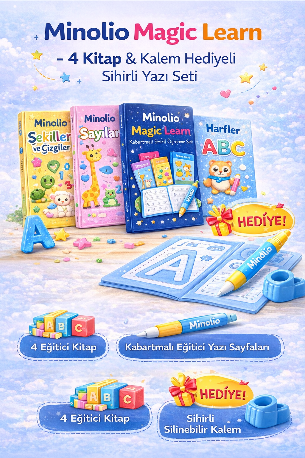 Minolio - Magic Learn Kabartmalı Sihirli Yazı Seti – 4 Kitap + Sihirli Kalem Hediyeli