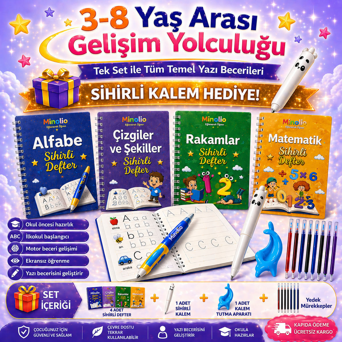 Minolio - Magic Learn Kabartmalı Sihirli Yazı Seti – 4 Kitap + Sihirli Kalem Hediyeli
