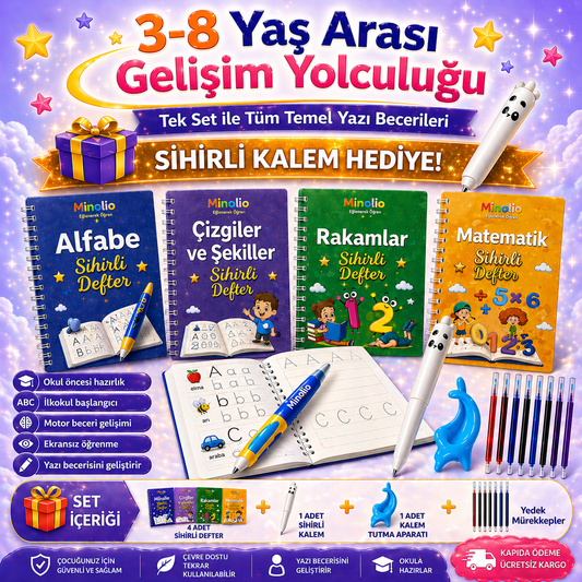 Minolio - Magic Learn Kabartmalı Sihirli Yazı Seti – 4 Kitap + Sihirli Kalem Hediyeli